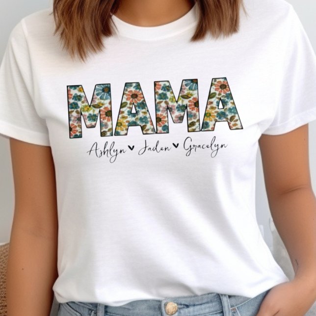 Floral Mama Kids Names Personalised Mothers Day  T-Shirt (Creator Uploaded)