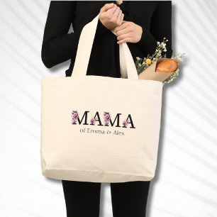 Floral Mama Text Personalized Kids Names Large Tote Bag