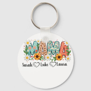Floral Mama with Kids Names Keychain