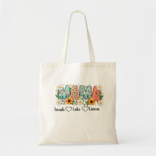 Floral Mama with Kids Names Tote Bag