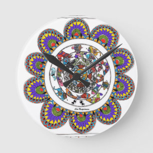 Floral mandal in Madhubani style Round Clock