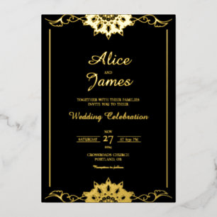 Floral Mandala Black Gold Foil Wedding Invitation