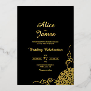 Floral Mandala Black Gold Foil Wedding Invitation