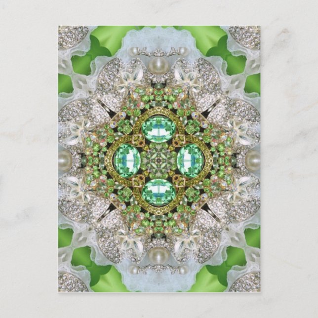 Floral mandala bling emerald green rhinestone postcard (Front)