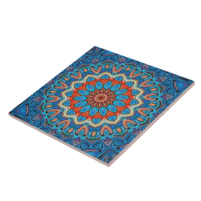Floral Mandala Bohemien Blue Orange Elegant Tile (Side)