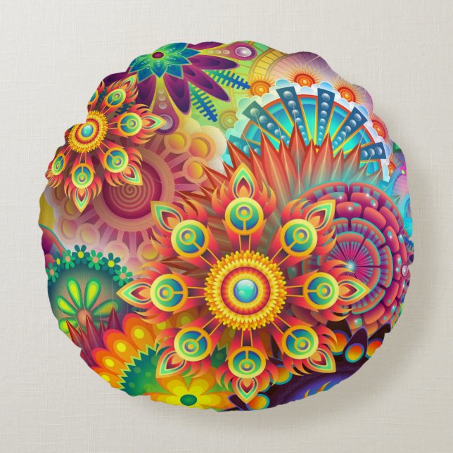 Floral Mandala Collage Psychedelic Round Cushion (Front)