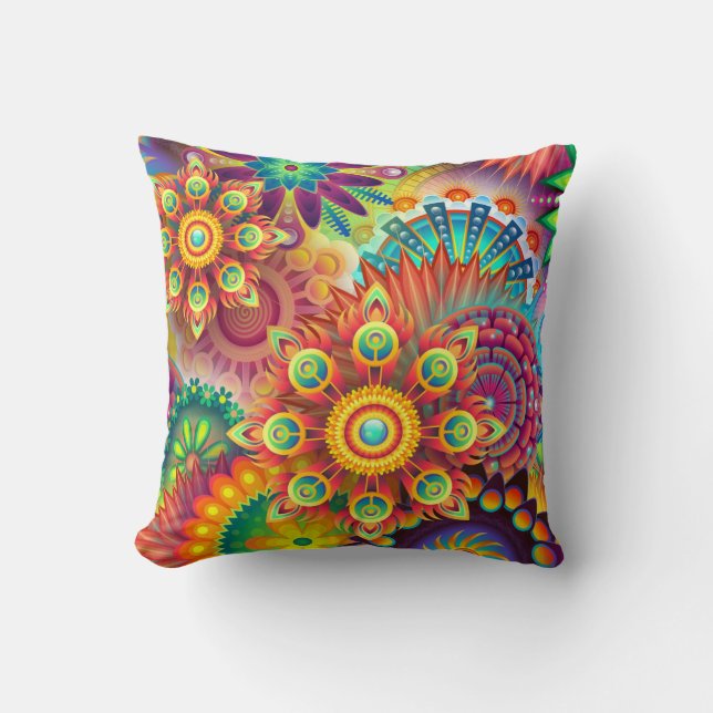 Floral Mandala Collage Psychedelic Throw Pillow (Front)