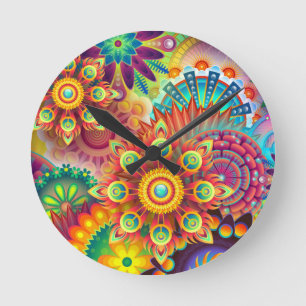 Floral Mandala Collage Psychedelic Wall Clock
