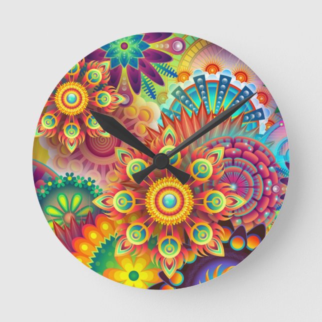 Floral Mandala Collage Psychedelic Wall Clock (Front)