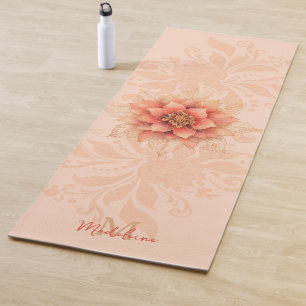 Floral Mandala Coral Pink Feminine Name Monogram Yoga Mat