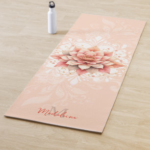 Floral Mandala Coral Pink White Chic Name Monogram Yoga Mat