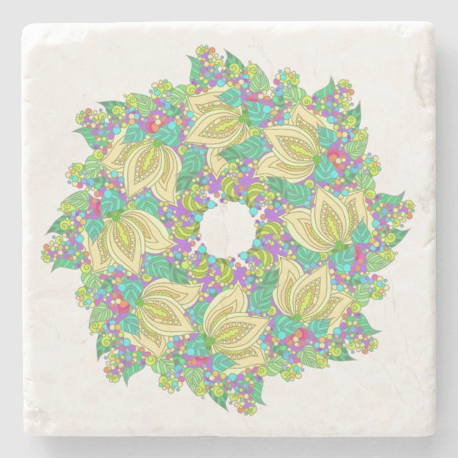 Floral Mandala Design in pretty blues and pinks Stone Coaster (Front)
