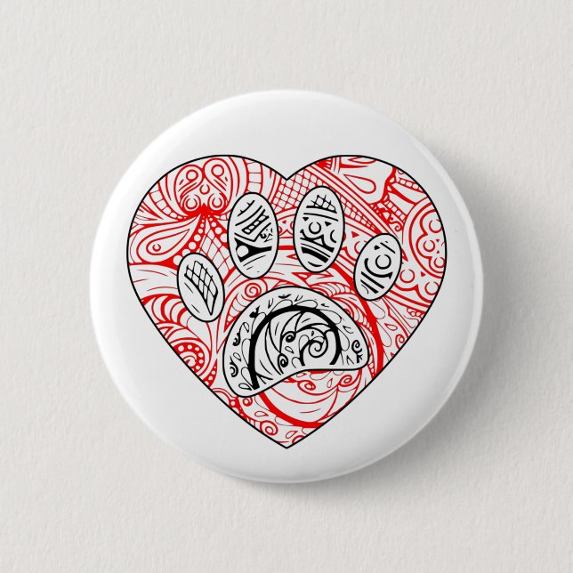 Floral Mandala Dog Paw Print Red Heart 6 Cm Round Badge (Front)