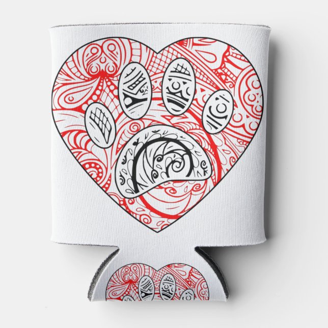 Floral Mandala Dog Paw Print Red Heart Can Cooler (Front)