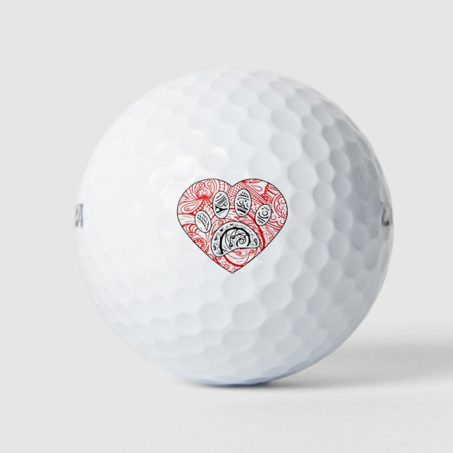 Floral Mandala Dog Paw Print Red Heart Golf Balls (Front)