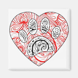 Floral Mandala Dog Paw Print Red Heart Magnet