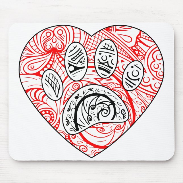 Floral Mandala Dog Paw Print Red Heart Mouse Mat (Front)