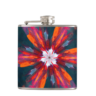 Floral Mandala Flowers Orange Red Blue Abstract Hip Flask