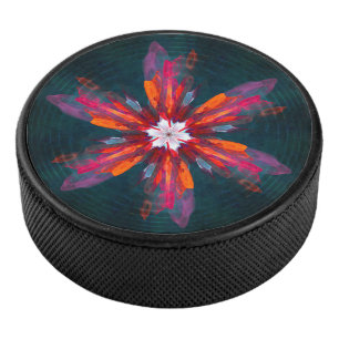Floral Mandala Flowers Orange Red Blue Abstract Hockey Puck