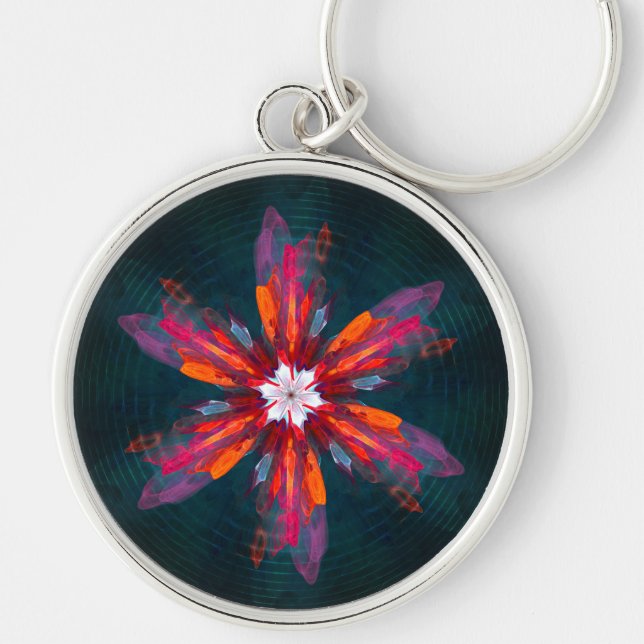 Floral Mandala Flowers Orange Red Blue Abstract Key Ring (Front)