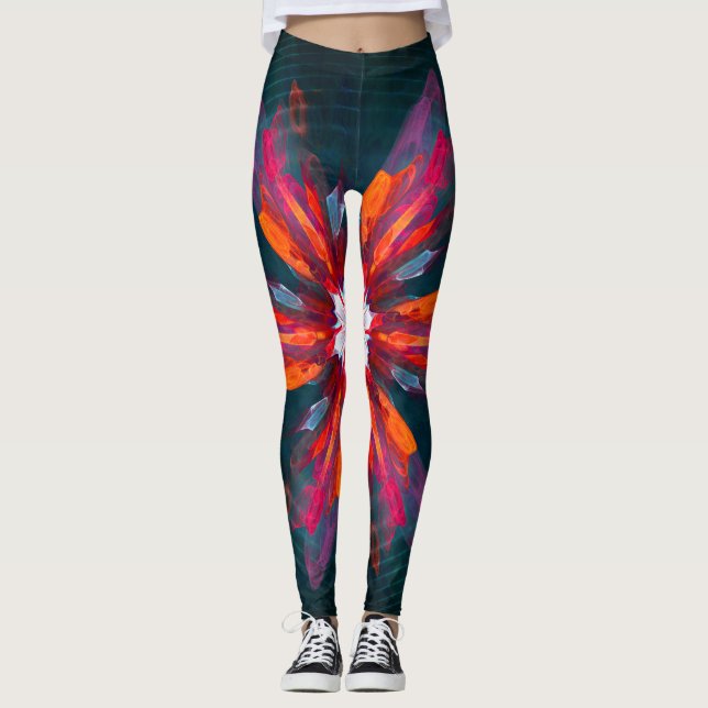 Floral Mandala Flowers Orange Red Blue Abstract Leggings (Front)