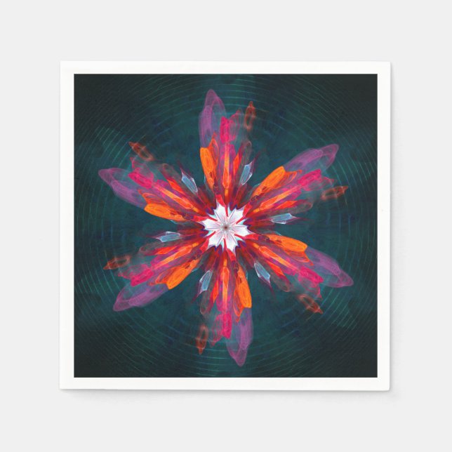 Floral Mandala Flowers Orange Red Blue Abstract Napkin (Front)