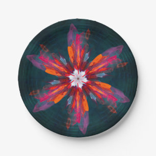 Floral Mandala Flowers Orange Red Blue Abstract Paper Plate