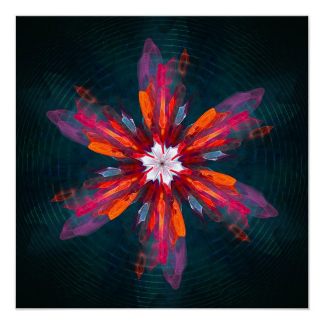 Floral Mandala Flowers Orange Red Blue Abstract Poster (Front)