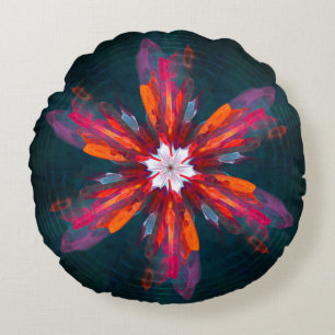 Floral Mandala Flowers Orange Red Blue Abstract Round Cushion