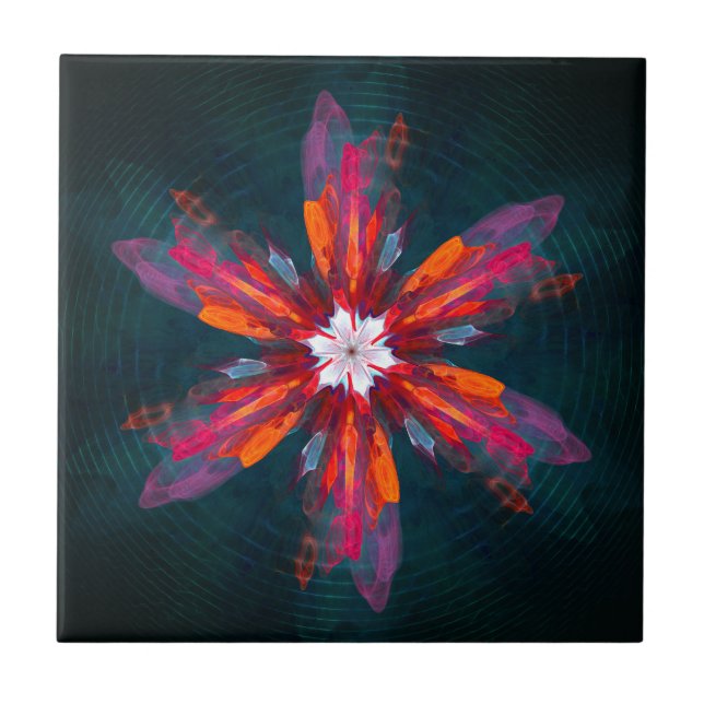 Floral Mandala Flowers Orange Red Blue Abstract Tile (Front)