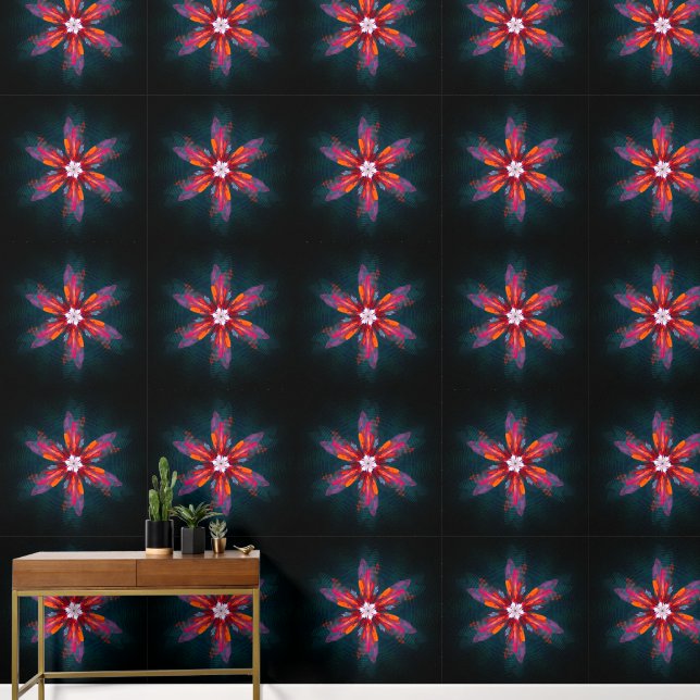 Floral Mandala Flowers Orange Red Blue Abstract Wallpaper (Hallway)