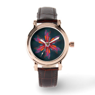 Floral Mandala Flowers Orange Red Blue Abstract Watch