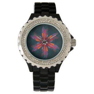 Floral Mandala Flowers Orange Red Blue Abstract Watch