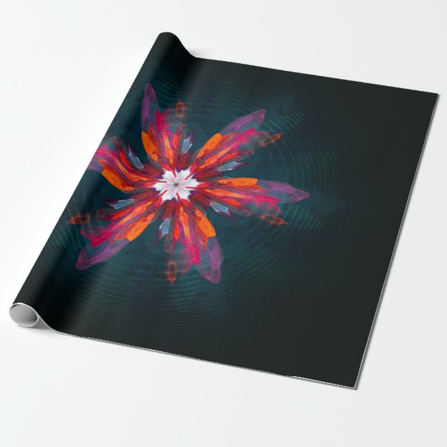 Floral Mandala Flowers Orange Red Blue Abstract Wrapping Paper (Unrolled)