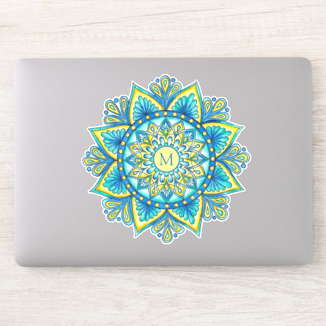 Floral Mandala Monogram Blue Turquoise Yellow (Computer)