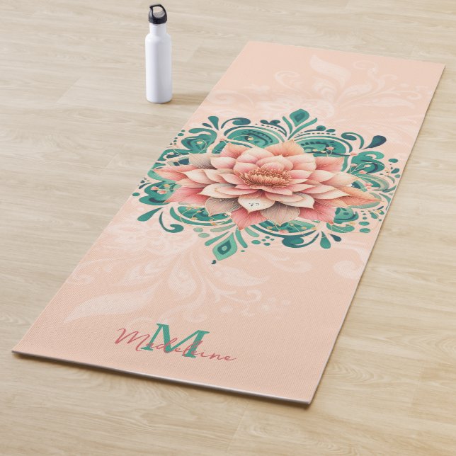 Floral Mandala Peach Pink Green Chic Name Monogram Yoga Mat (In Situ)