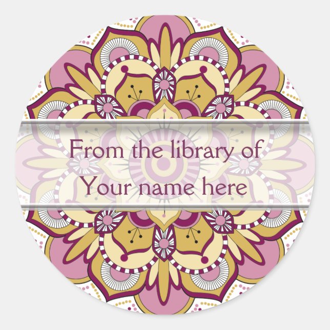 Floral Mandala Personalised Bookplates Classic Round Sticker (Front)