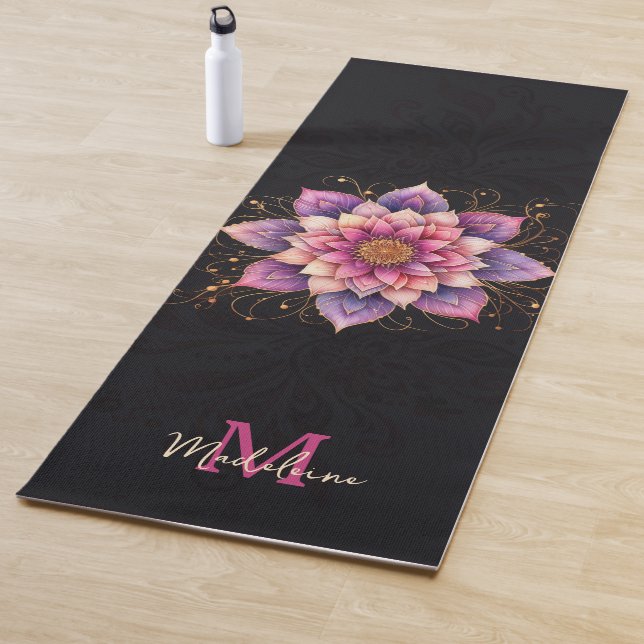 Floral Mandala Pink Purple Elegant Name Monogram Yoga Mat (In Situ)