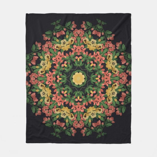 Floral mandala: red, yellow vintage. fleece blanket (Front)