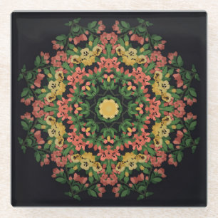 Floral mandala: red, yellow vintage. glass coaster