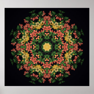 Floral mandala: red, yellow vintage. poster