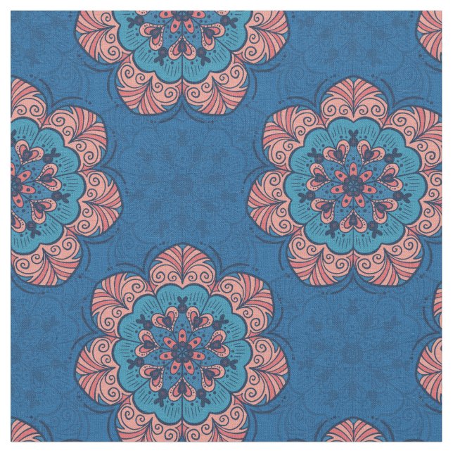 Floral Mandala Tile in Blue & Pink Fabric (Close Up)