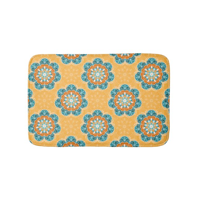 Floral Mandala Tile in Orange & Teal Bath Mat (Front)