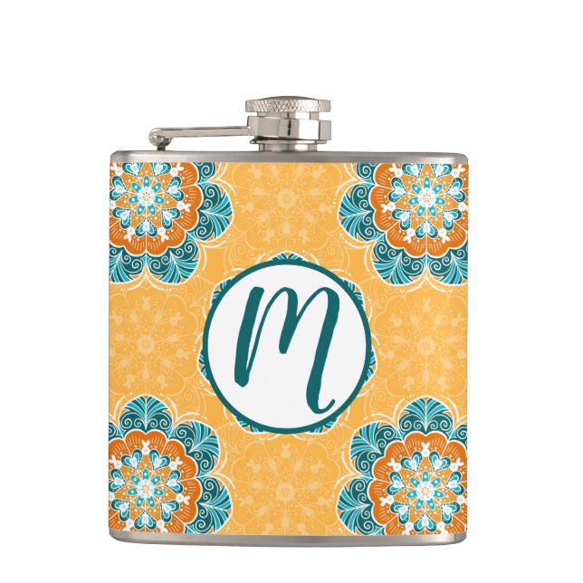 Floral Mandala Tile in Orange & Teal Hip Flask (Front)