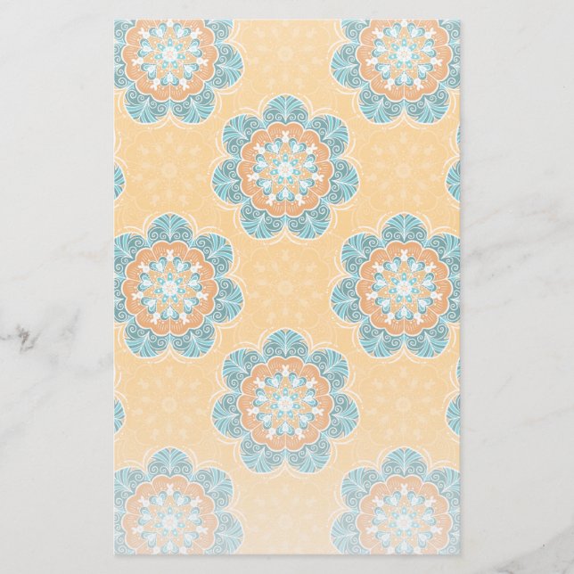 Floral Mandala Tile in Orange & Teal Stationery (Front)