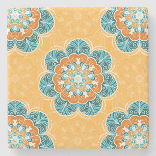 Floral Mandala Tile in Orange & Teal Stone Coaster