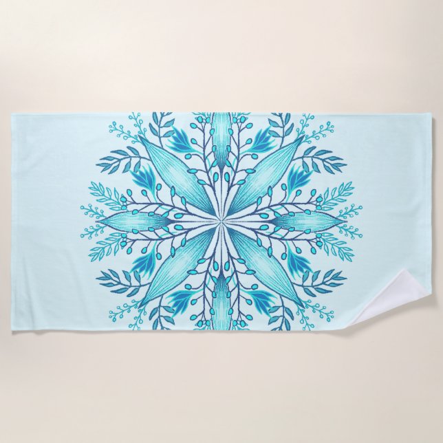 Floral Mandala - Turquoise Blue Boho Snowflake Beach Towel (Front)
