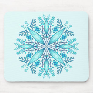 Floral Mandala - Turquoise Blue Boho Snowflake Mouse Mat