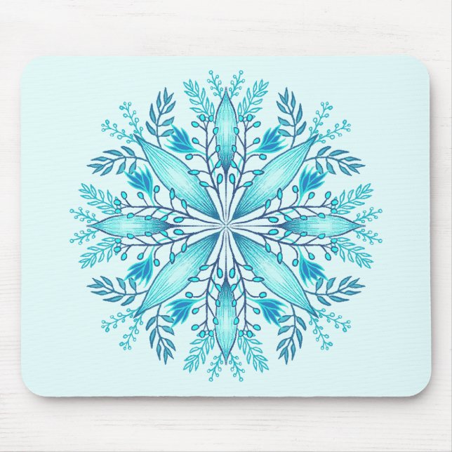 Floral Mandala - Turquoise Blue Boho Snowflake Mouse Mat (Front)
