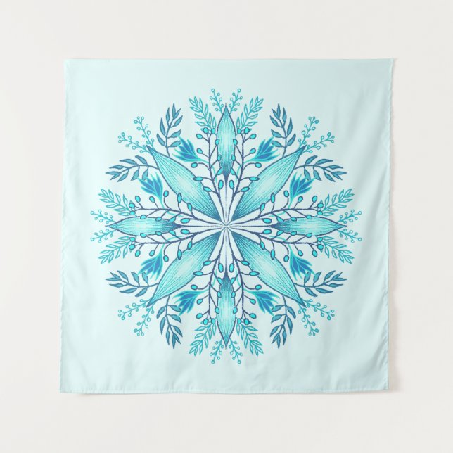 Floral Mandala - Turquoise Blue Boho Snowflake Tapestry (Front)